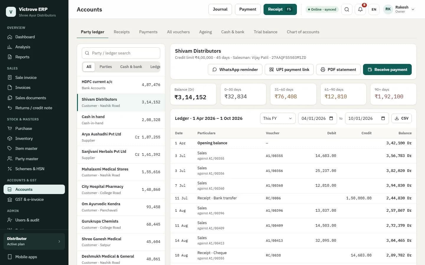 Party ledger with ageing and running balance