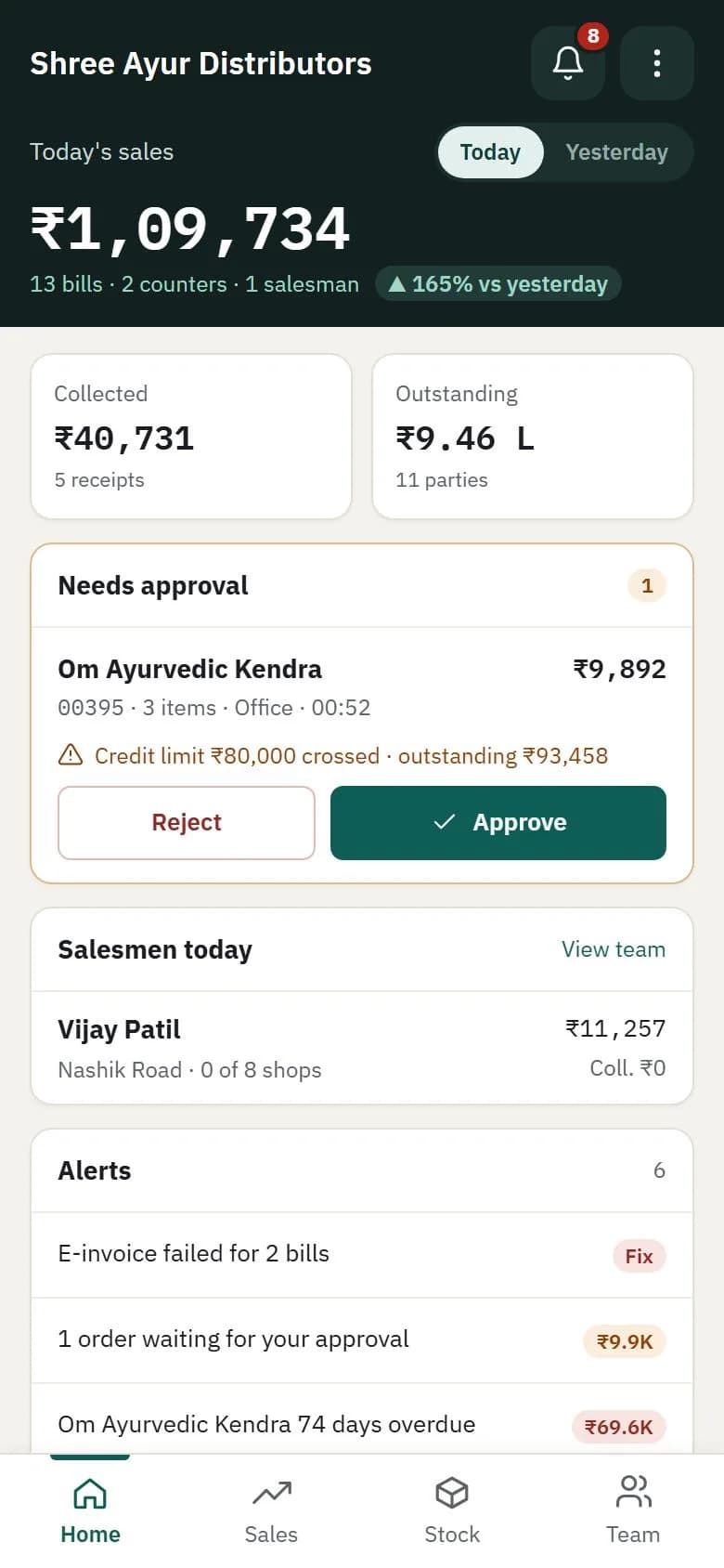 Owner phone app showing today at a glance