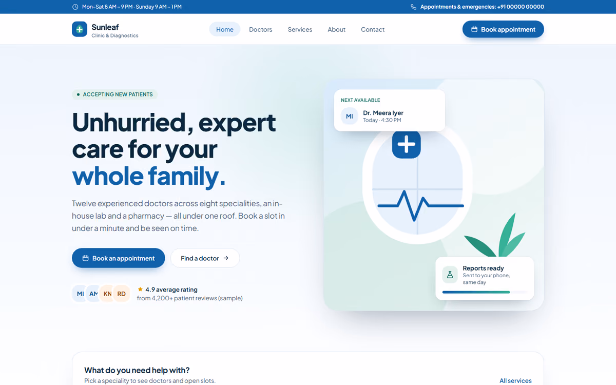 Clinic booking site template preview